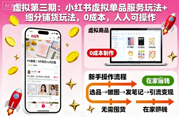 虚拟第三期：小红书虚拟单品服务玩法+细分铺货玩法，0成本，人人可操作-迦哆网创社