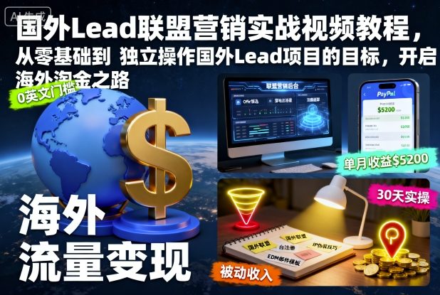 国外Lead联盟营销实战视频教程，从零基础到独立操作国外Lead项目的目标，开启海外淘金之路-迦哆网创社