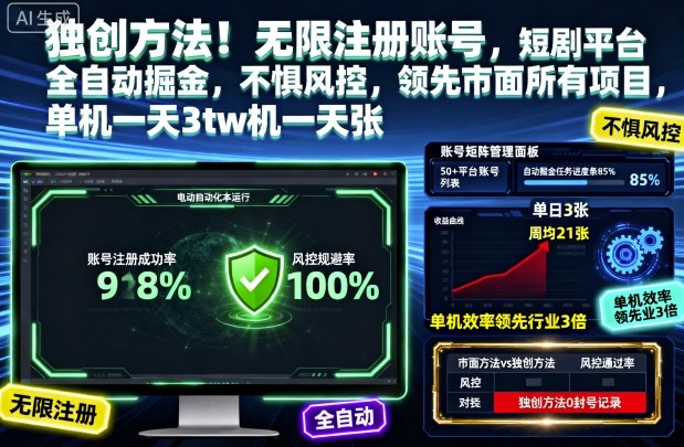 独创方法!无限注册账号,短剧平台全自动掘金,不惧风控,领先市面所有项目,单机一天3张【揭秘】-迦哆网创社