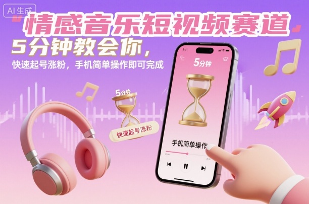情感音乐短视频赛道，5分钟教会你，快速起号涨粉，手机简单操作即可完成-迦哆网创社