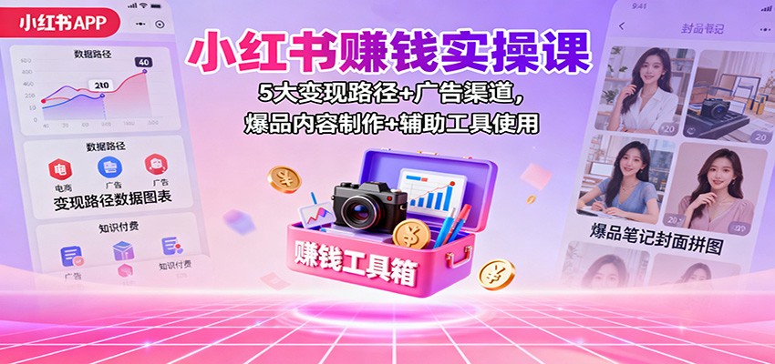 小红书赚钱实操课：5大变现路径+广告渠道，爆品内容制作+辅助工具使用-迦哆网创社