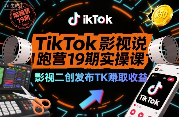 TikTok影视解说陪跑营19期实操课，影视二创发布TK賺取收益，万播收益50美金-迦哆网创社