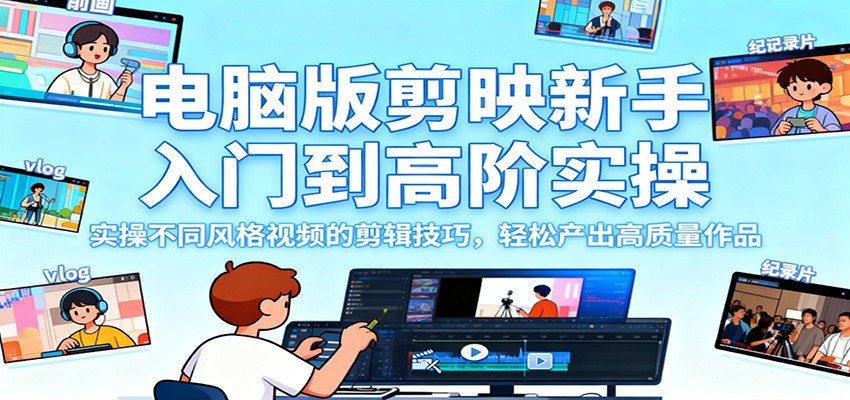 电脑版剪映新手入门到高阶实操，实操不同风格视频的剪辑技巧，轻松产出高质量作品-迦哆网创社