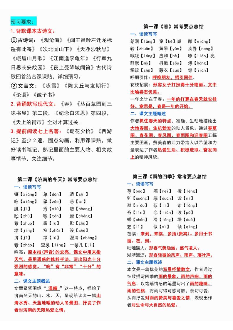 七年级上语文课课贴-迦哆网创社