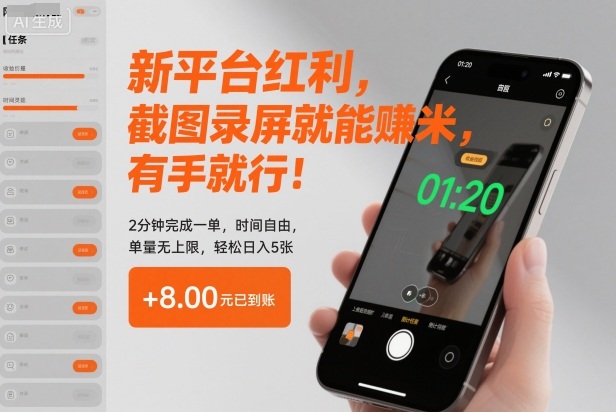 新平台红利，截图录屏就能賺米，有手就行！2分钟完成一单，时间自由，单量无上限，轻松日入5张【揭秘】-迦哆网创社