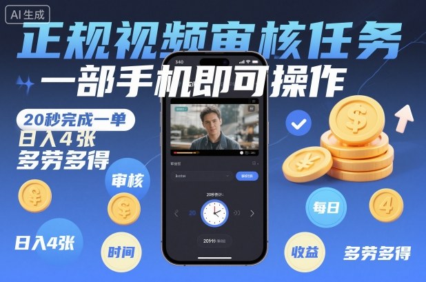 正规视频审核任务，一部手机即可操作，20秒完成一单，日入4张，多劳多得【揭秘】-迦哆网创社