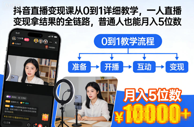 抖音直播变现课从0到1详细教学,一人直播变现拿结果的全链路,普通人也能月入5位数-迦哆网创社