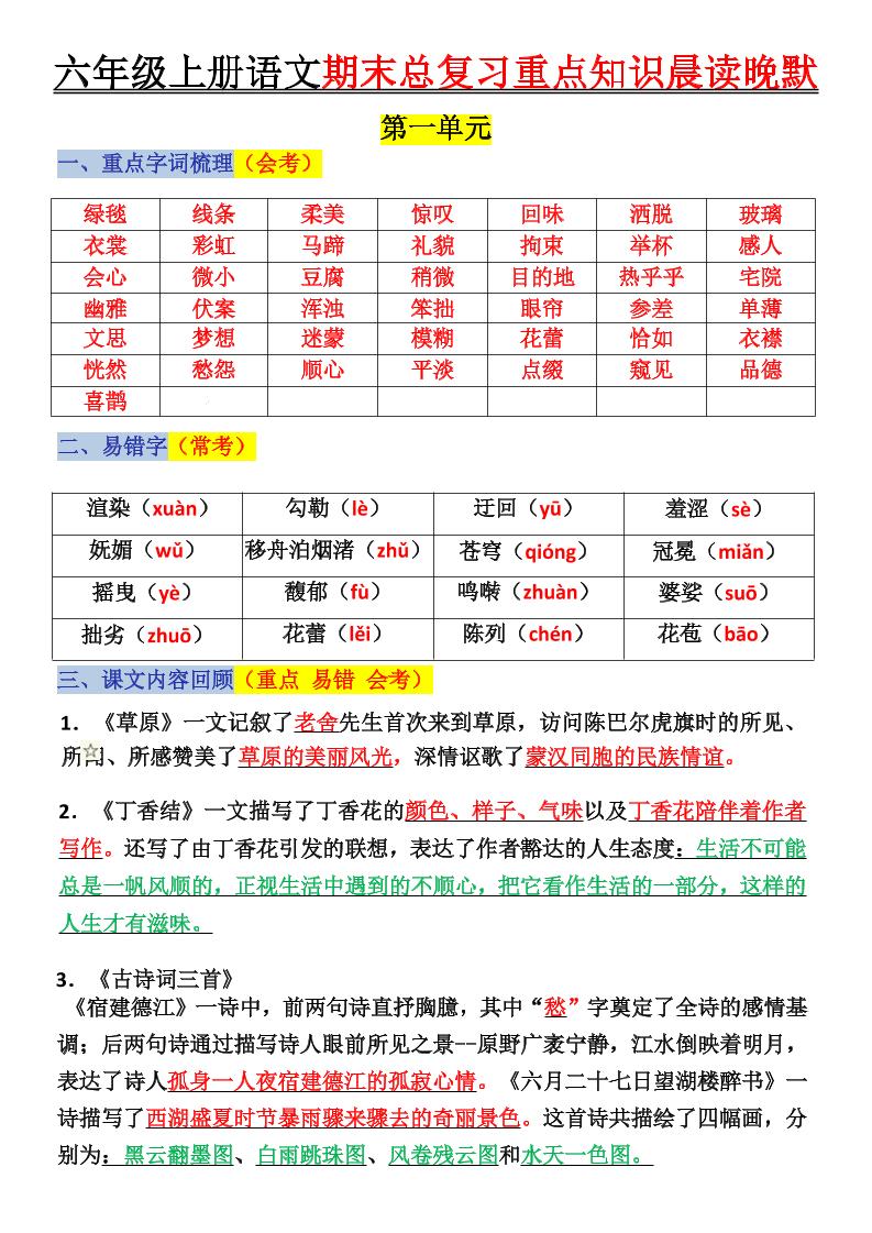 六上语文复习重点晨读单(16页)-迦哆网创社