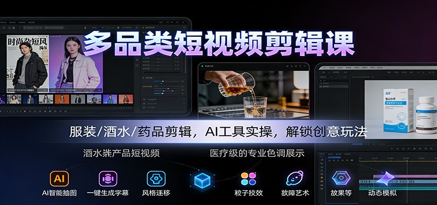 多品类短视频剪辑课:服装/酒水/药品剪辑,AI工具实操,解锁创意玩法-迦哆网创社