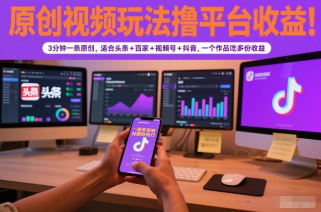 原创视频玩法撸平台收益，3分钟一条原创，适合头条+百家+视频号+抖音，一个作品吃多份收益-迦哆网创社