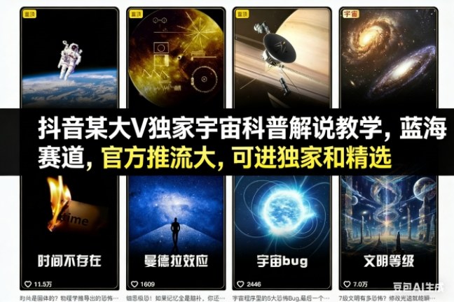 抖音某大V独家宇宙科普解说教学,蓝海赛道,官方推流大,可进独家和精选-迦哆网创社