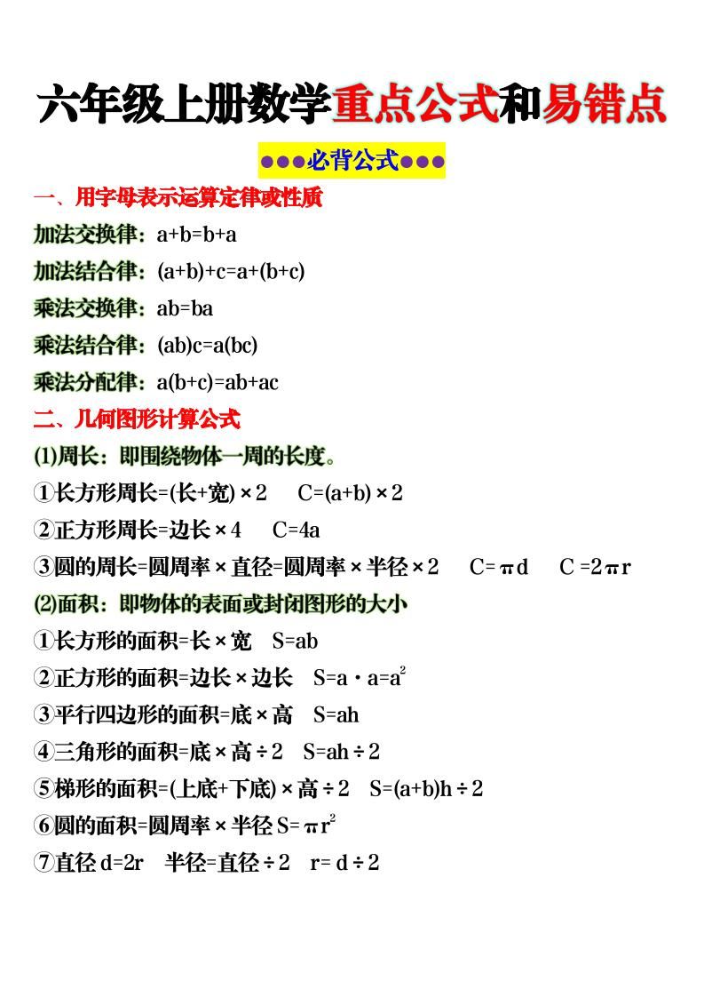六上数学重点公式和易错点6页-迦哆网创社