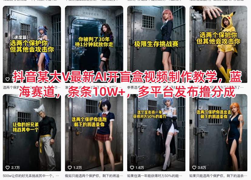 抖音某大V最新AI开盲盒视频制作教学，蓝海赛道，条条10W+，多平台发布撸分成-迦哆网创社