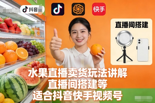 水果直播卖货玩法讲解、直播间搭建等，适合抖音快手视频号-迦哆网创社