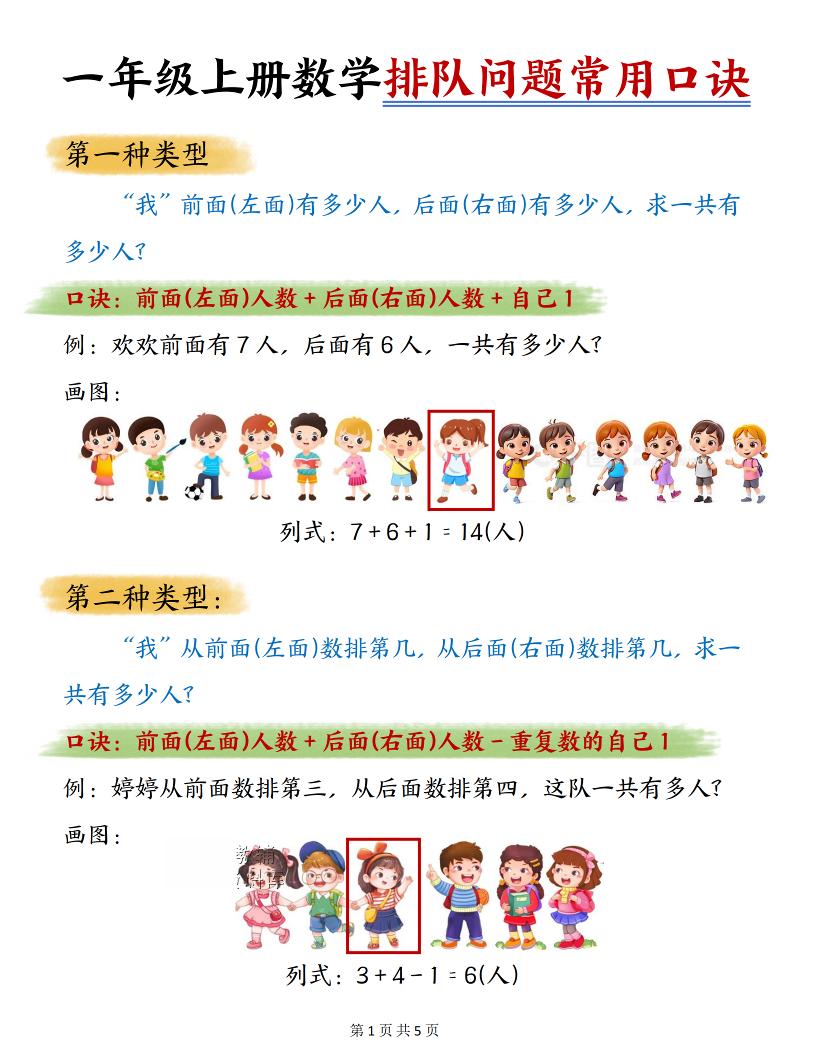 一年级上数学排队问题常用口诀-迦哆网创社