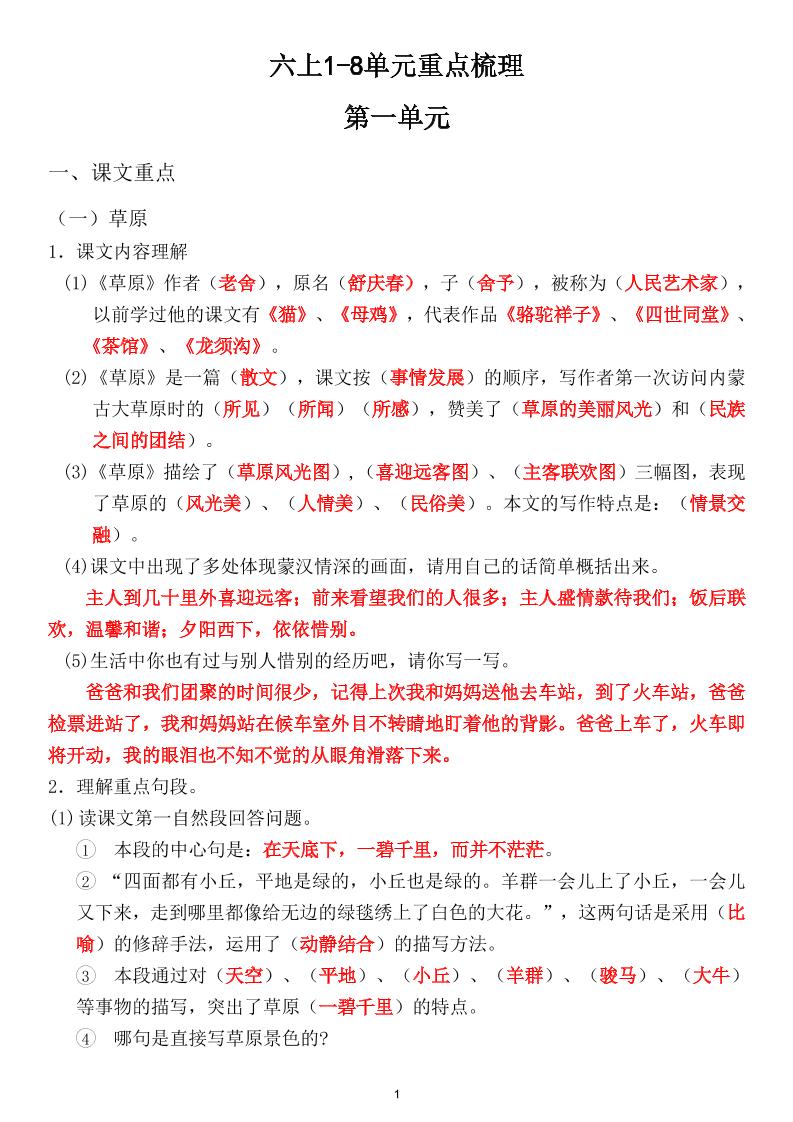 六上1-8单元重点梳理（课文重点+语文园地）-迦哆网创社