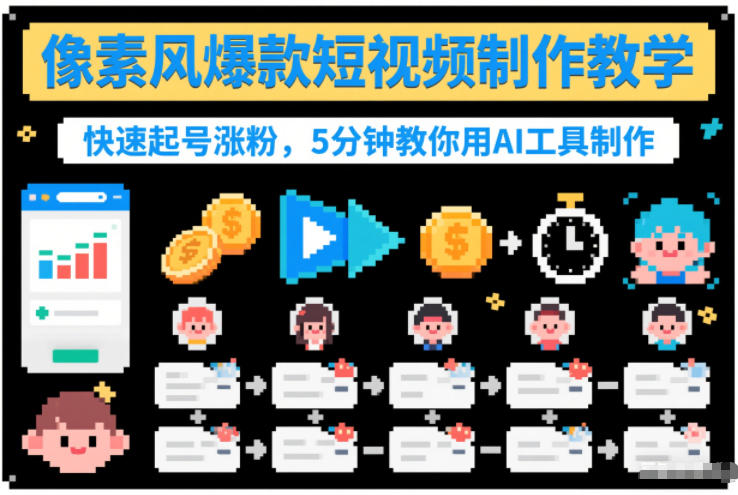 像素风爆款短视频制作教学，快速起号涨粉，5分钟教你用AI工具制作-迦哆网创社