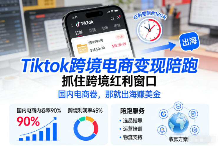Tiktok跨境电商变现陪跑，抓住跨境红利窗口，国内电商卷，那就出海賺美金-迦哆网创社