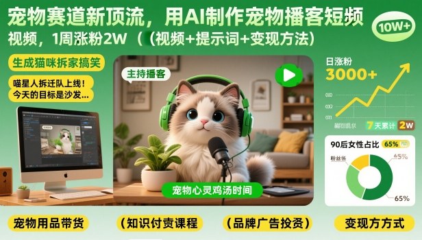 宠物赛道新顶流，用AI制作宠物播客短视频，1周涨粉2W(视频+提示词+变现方法)-迦哆网创社