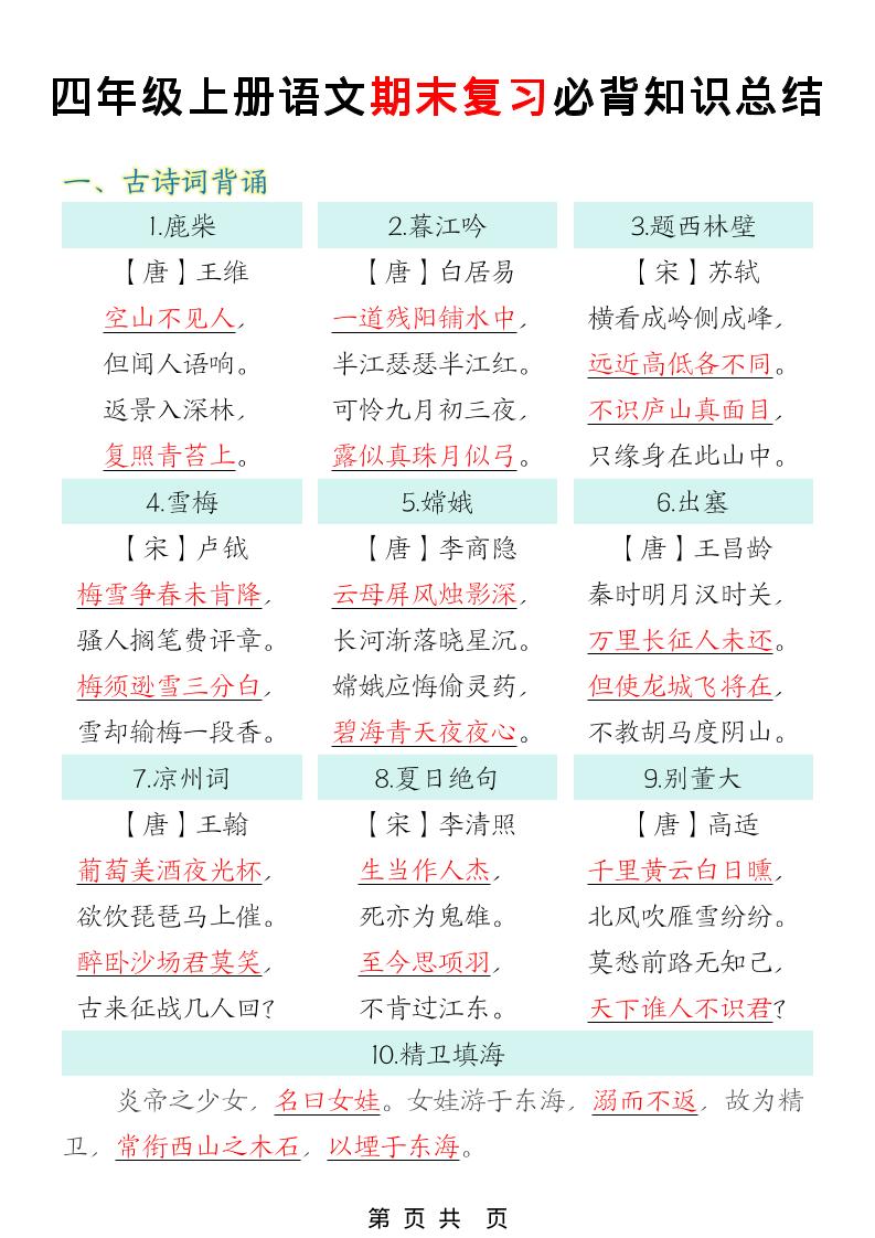 四年级上语文期末复习必背知识总结-迦哆网创社