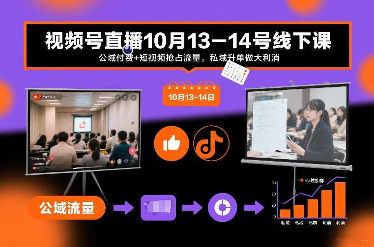 视频号直播10月13-14号线下课，公域付费+短视频抢占流量，私域升单做大利消-迦哆网创社