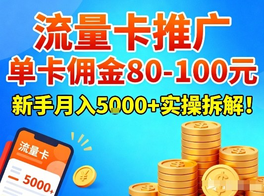流量卡推广，单卡佣金80-100，新手月入5k+实操拆解！-迦哆网创社