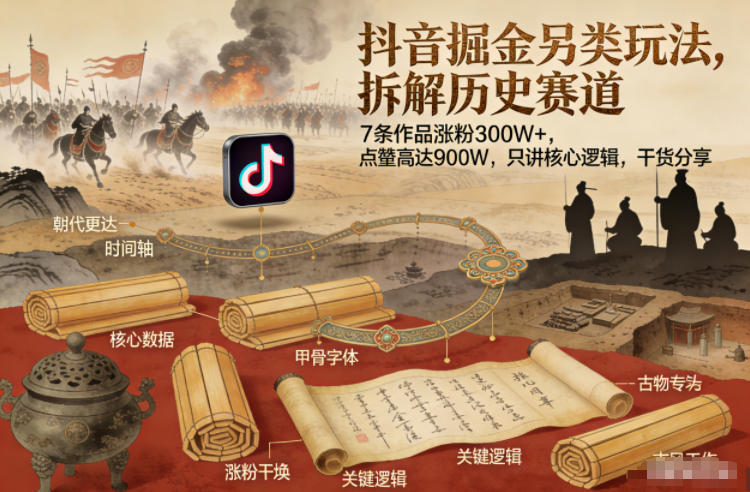 抖音掘金另类玩法，拆解历史赛道，7条作品涨粉300W+，点赞量高达900W，只讲核心逻辑，干货分享-迦哆网创社