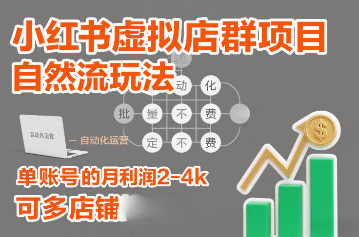 小红书虚拟店群项目，自然流玩法，批量自动化，稳定不费号，单账号的月利润2-4k，可多店矩阵-迦哆网创社