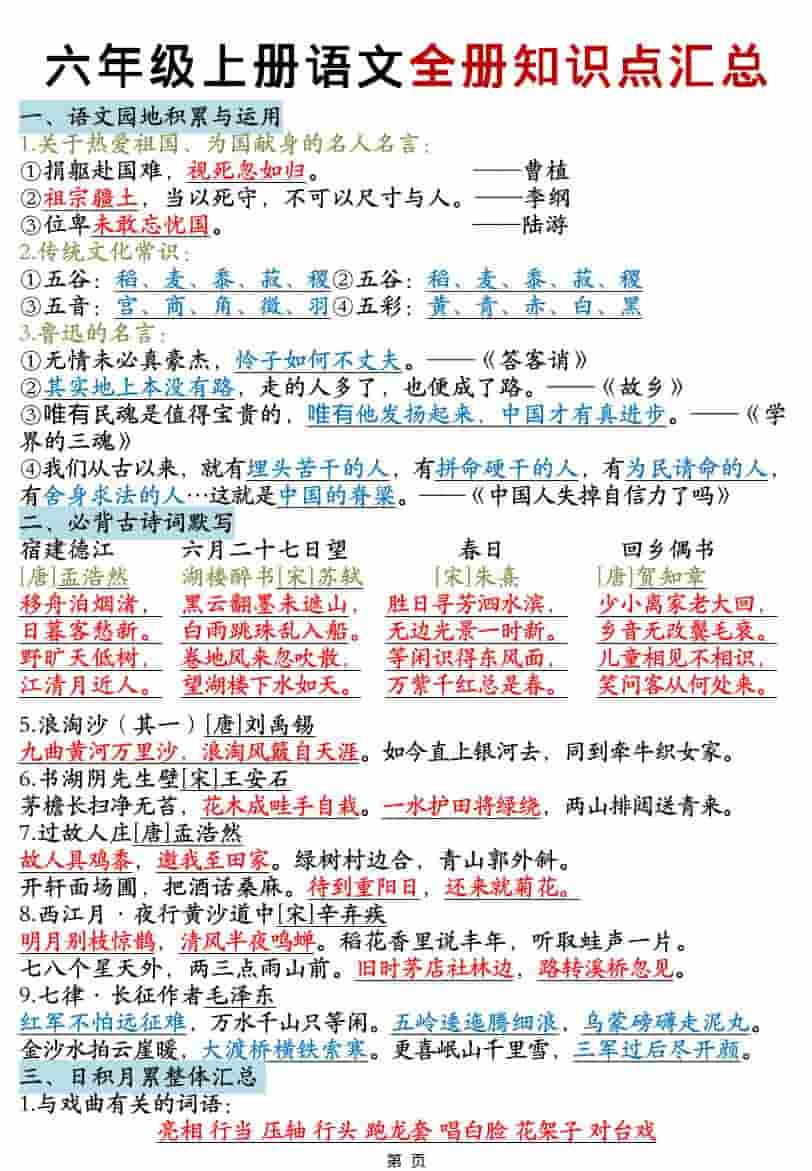 六年级上语文全册知识点汇总-迦哆网创社