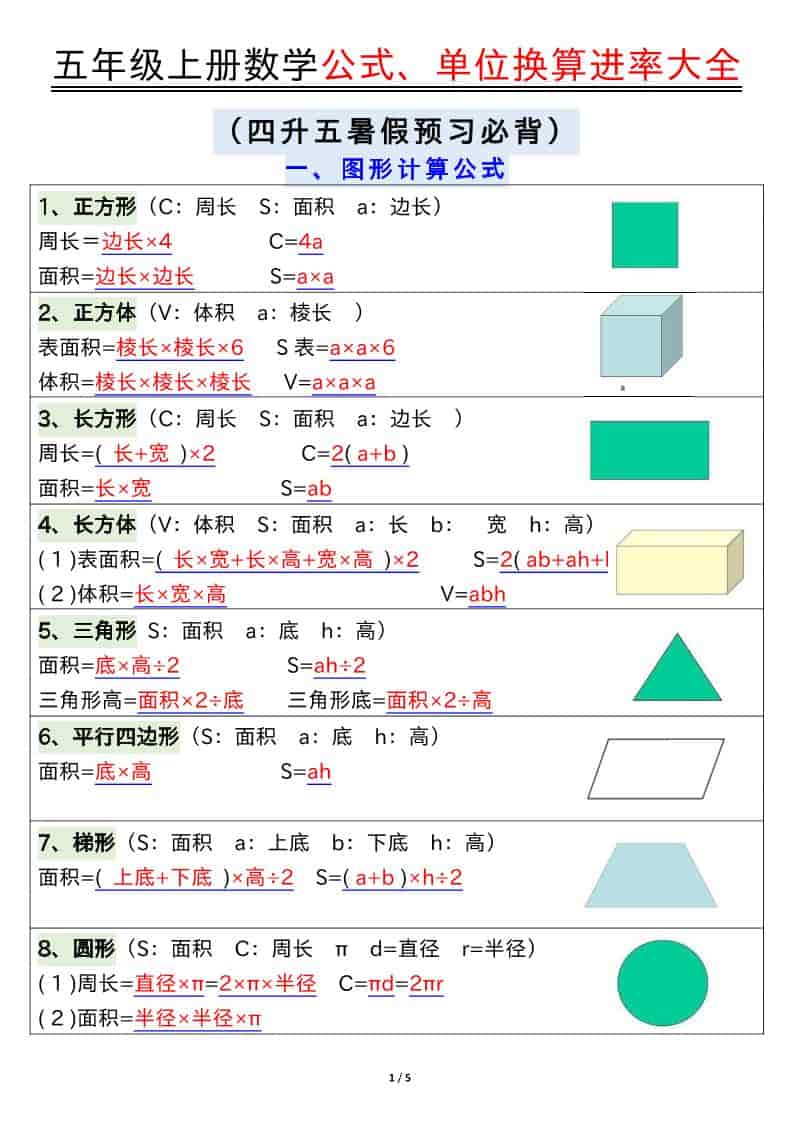五年级上数学公式、单位换算进率大全-迦哆网创社