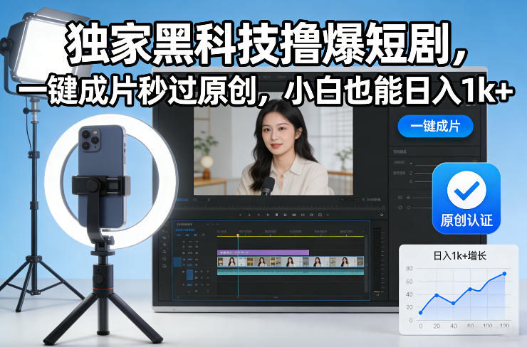 独家黑科技撸爆短剧，一键成片秒过原创，小白也能日入1k+【揭秘】-迦哆网创社
