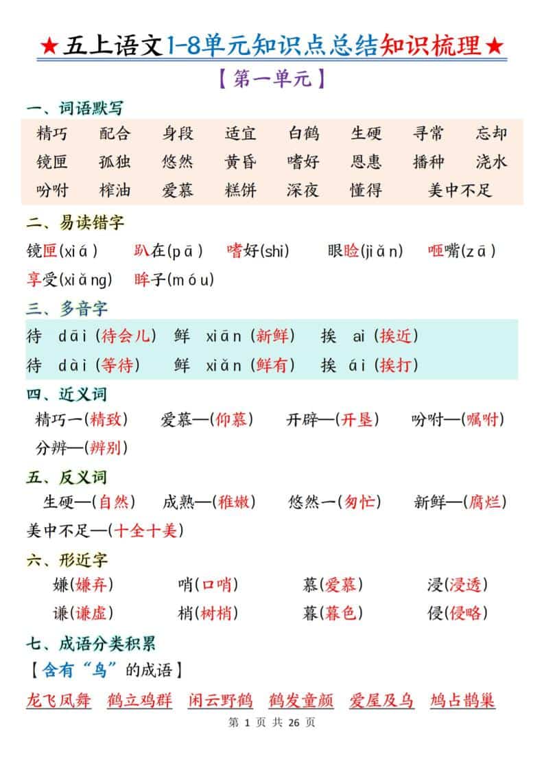 五年级上语文1-8单元知识点总结知识梳理-迦哆网创社