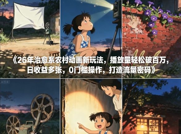 26年治愈系农村动画新玩法，播放量轻松破百万，日收益多张，0门槛操作，打造流量密码-迦哆网创社