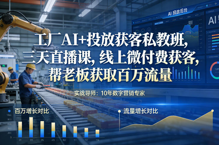 工厂AI+投放获客私教班，三天直播课，线上微付费获客，帮老板获取百万流量-迦哆网创社