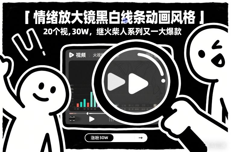 情绪放大镜黑白线条动画风格,20个视频,涨粉30W,继火柴人系列又一大爆款-迦哆网创社