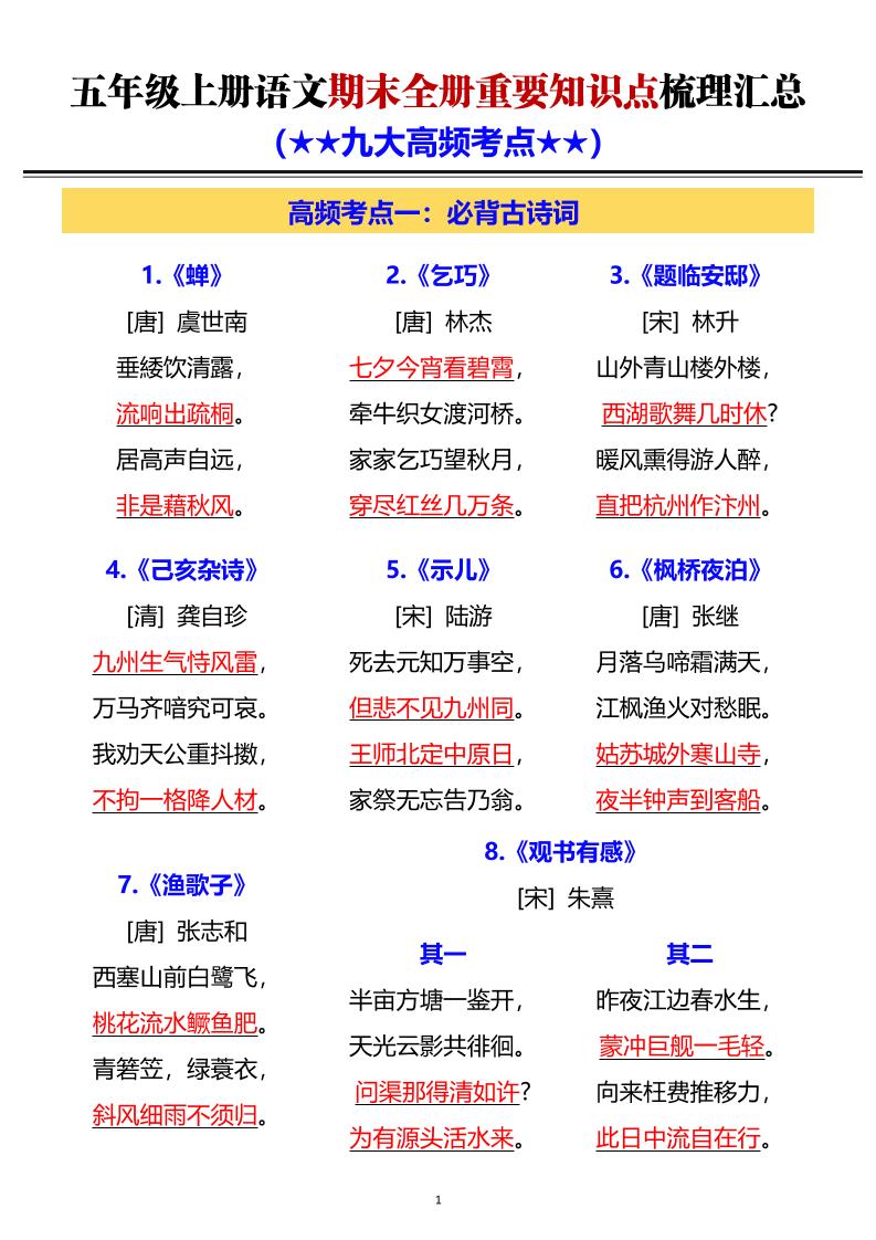 五年级上语文期末全册重要知识点梳理汇总-迦哆网创社