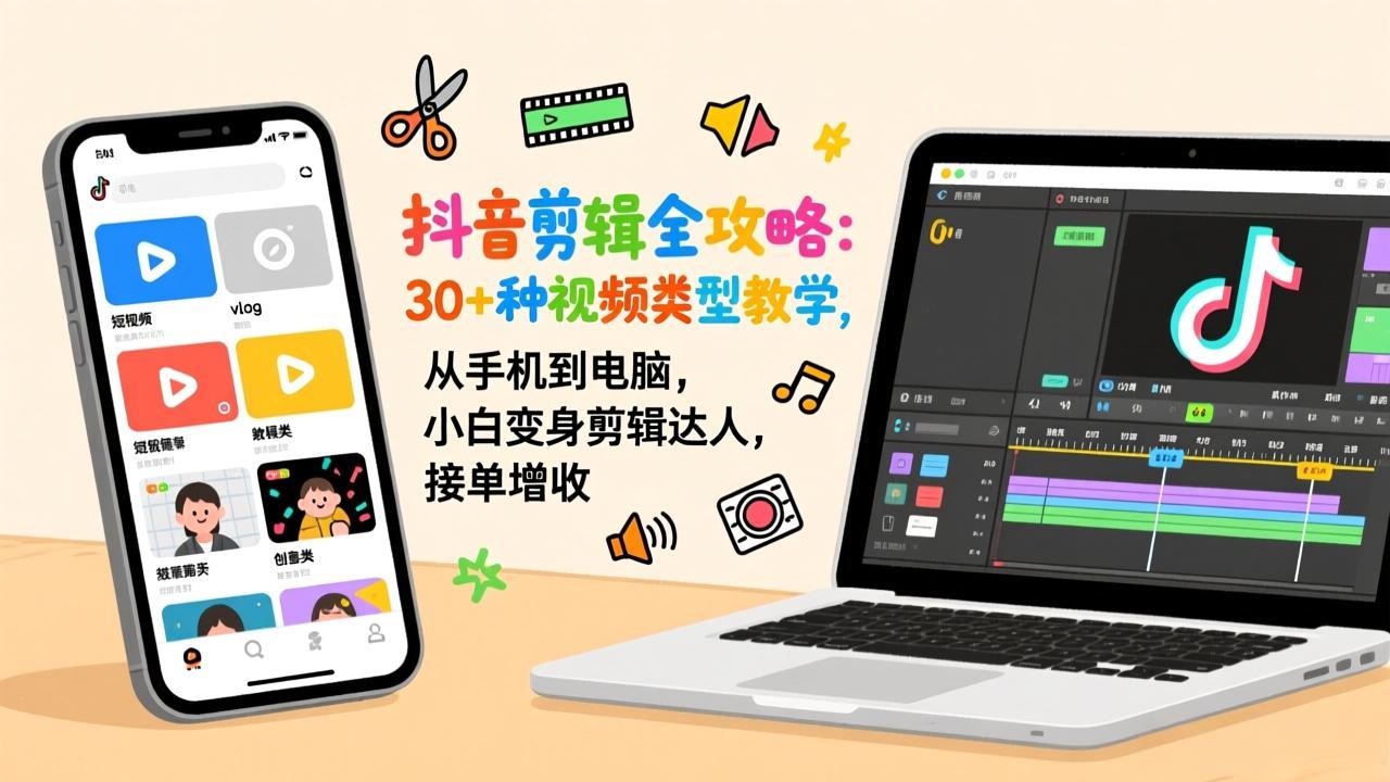 抖音剪辑全攻略：30+种视频类型教学，从手机到电脑，小白变身剪辑达人，接单增收-迦哆网创社