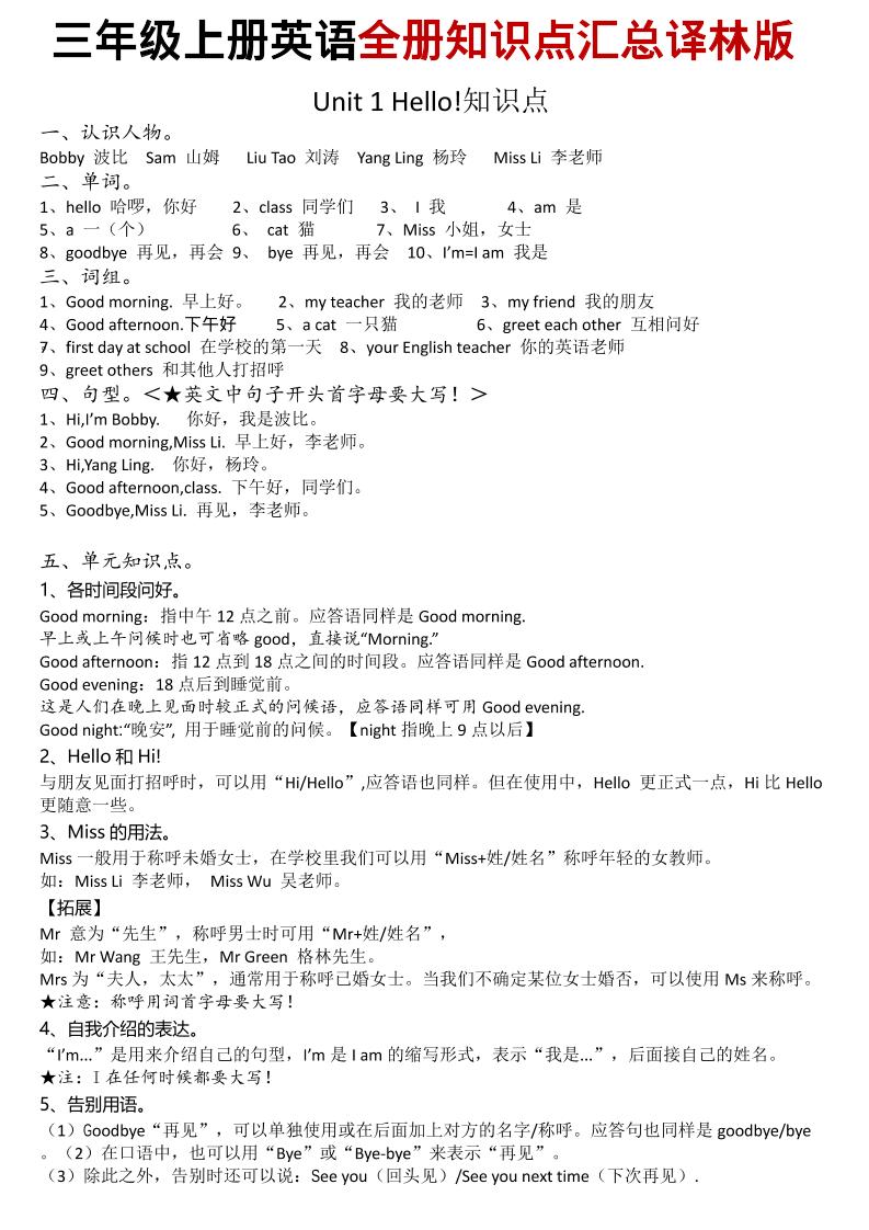 三年级上英语知识点汇总《译林版》-迦哆网创社