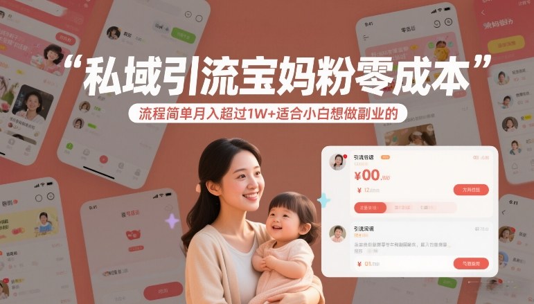 私域引流宝妈粉零成本流程简单月入超过1W+适合小白想做副业的-迦哆网创社