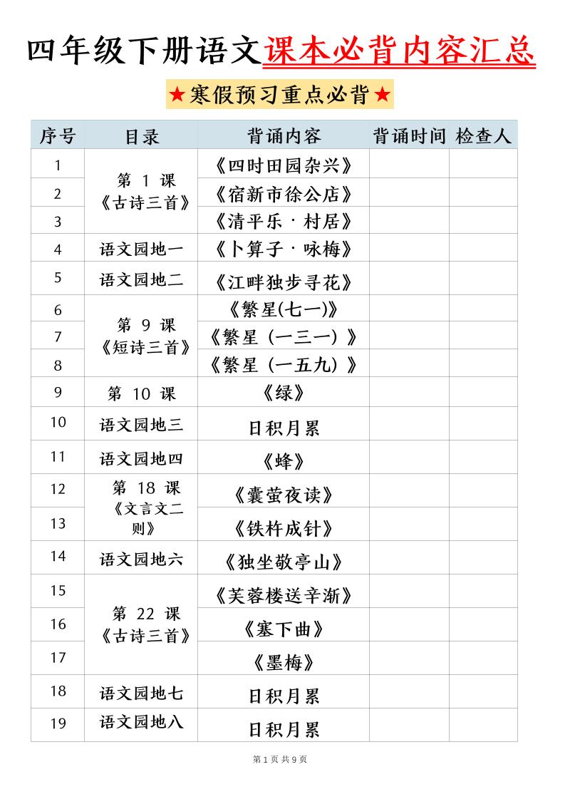 四下语文寒假预习课本必背内容汇总（9页）-迦哆网创社