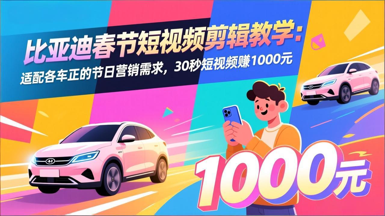 比亚迪春节短视频剪辑教学：适配各车企的节日营销需求，30秒短视频赚1000元-迦哆网创社