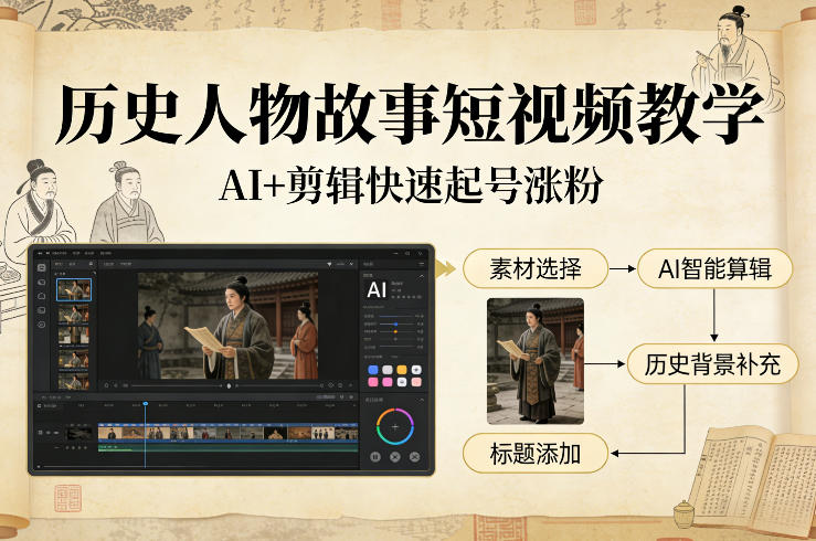 历史人物故事短视频教学，AI+剪辑制作历史人物题材短视频，快速起号涨粉-迦哆网创社