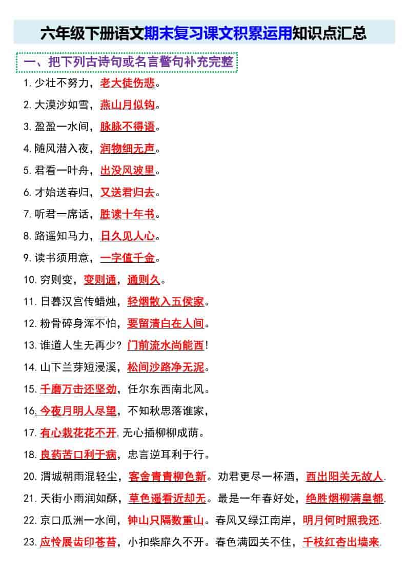 六年级下语文期末复习课文积累运用知识点汇总-迦哆网创社