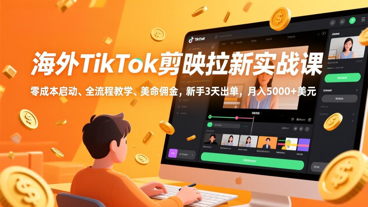 海外TikTok剪映拉新实战课，零成本启动、全流程教学、美金佣金，新手3天出单，月入5000+美元-迦哆网创社