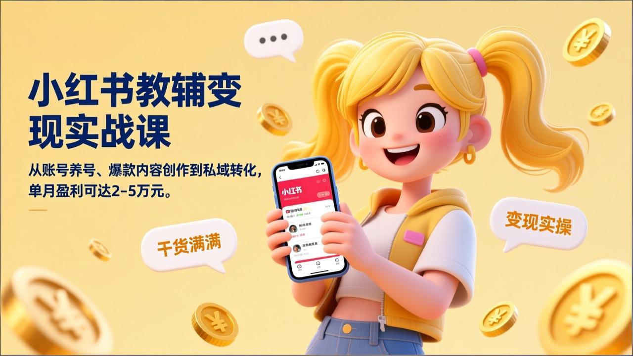 小红书教辅变现实战课，从账号养号、爆款内容创作到私域转化，单月盈利可达2-5万元-迦哆网创社