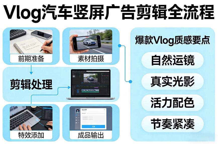 Vlog感觉汽车竖屏广告剪辑脚本全流程，拿捏爆款Vlog质感-迦哆网创社