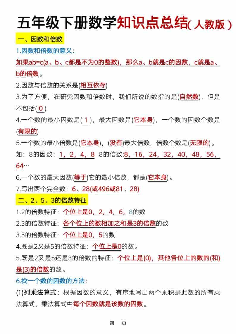 五年级下数学知识点总结《人教版》-迦哆网创社
