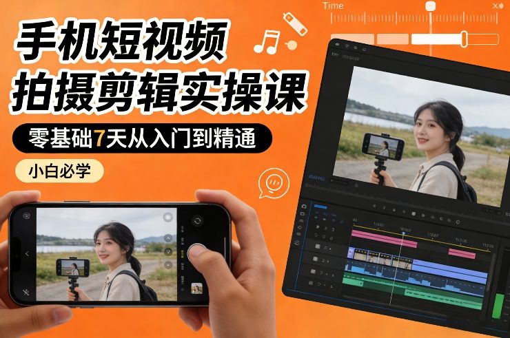 手机短视频拍摄剪辑实操课，零基础7天从入门到精通，小白必学-迦哆网创社