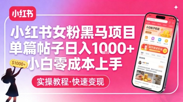 小红书女粉黑马项目，单篇帖子日入1k+，小白零成本上手-迦哆网创社