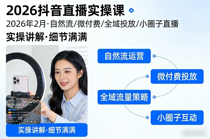 2026抖音直播实操课2026年2月，自然流、微付费、全域投放、小圈子直播，实操讲解，细节满满-迦哆网创社